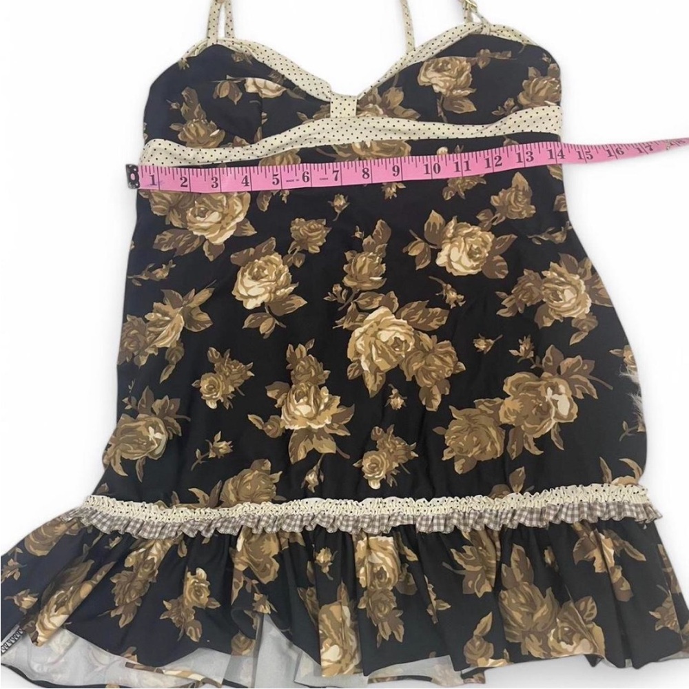 Betsey Johnson Black and Gold Floral Chemise Swim Coverup Slip Retro Vtg M - Picture 5 of 7